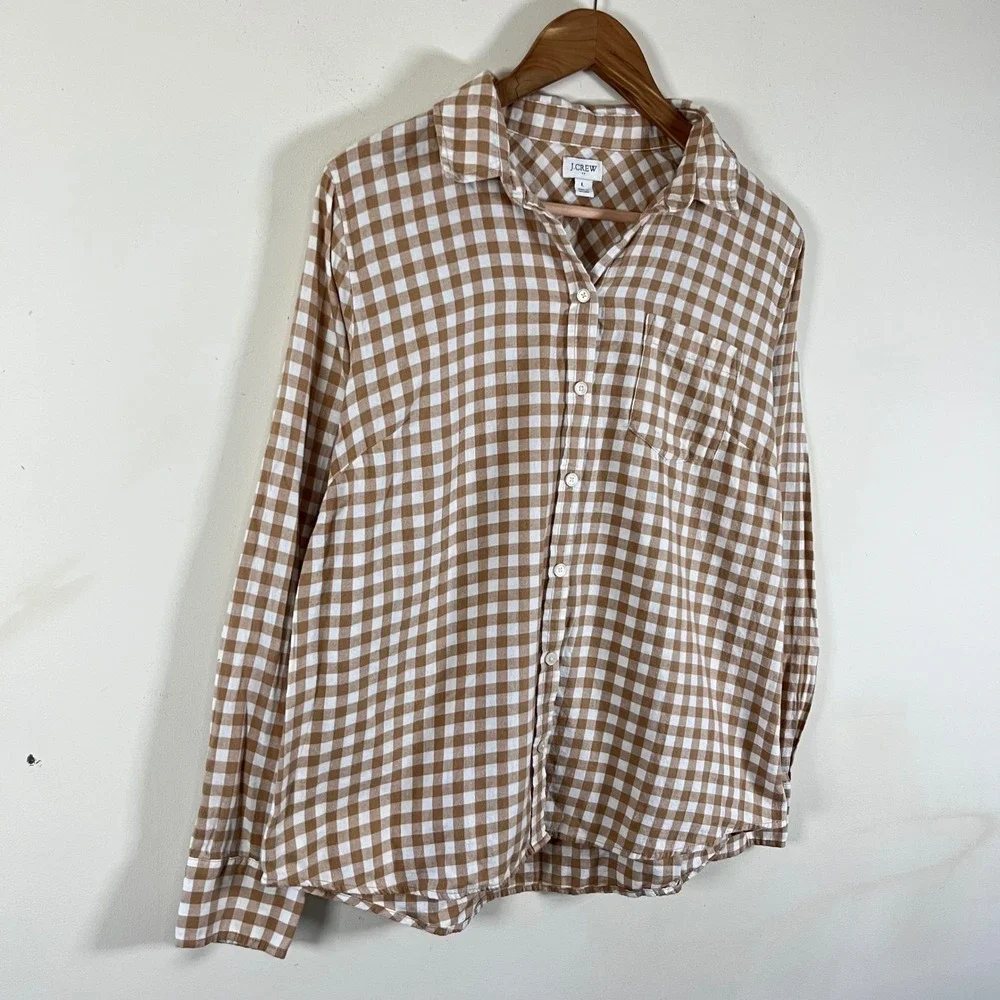 J. Crew Gingham Button Down Flannel Shirt Tan White Cottagecore Academia Large